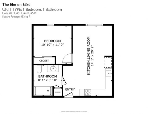 Floor plan for 1 bed, 1 bath, 444 sqft